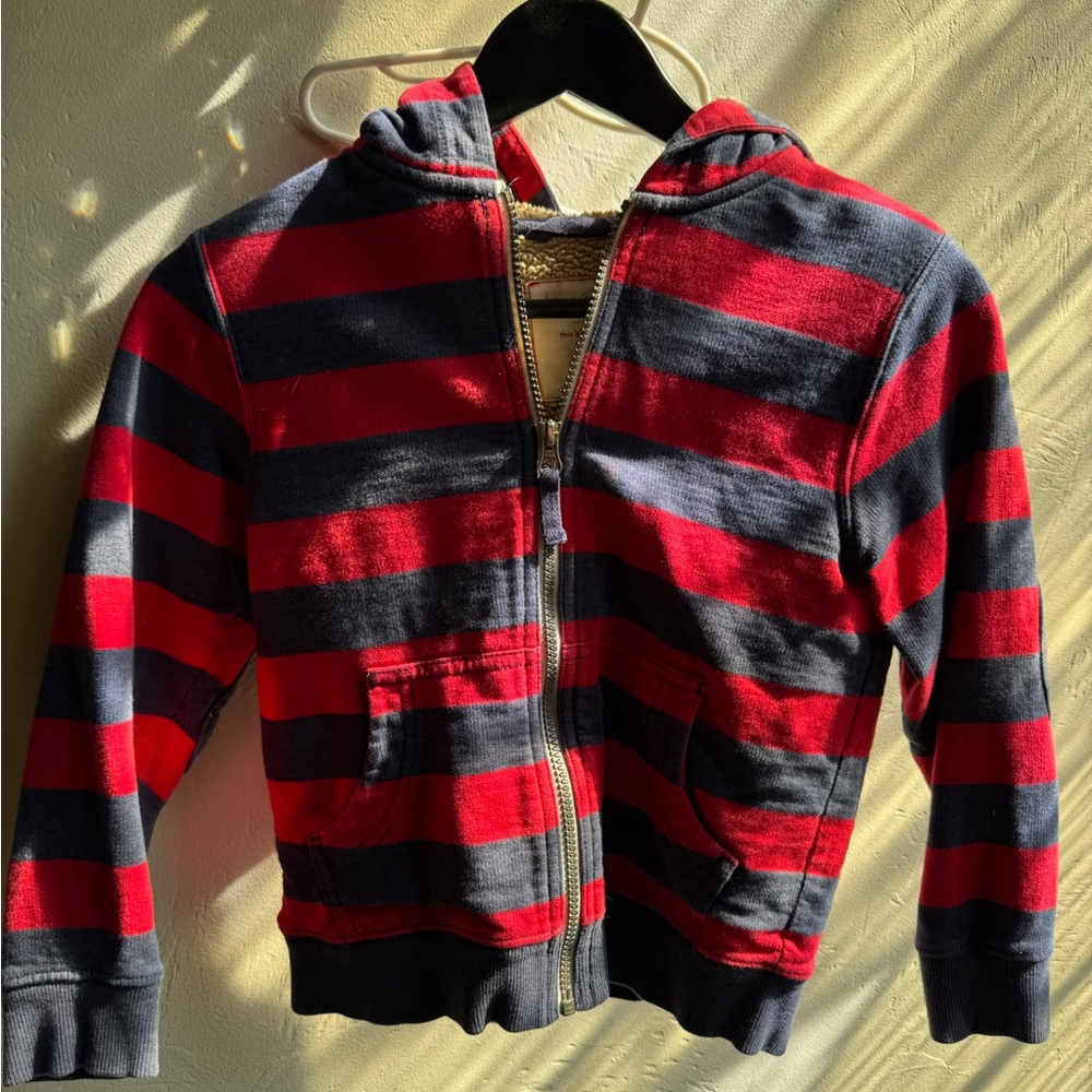 Hanna Andersson fleece zip hoodie Sherpa lining red blue stripe size 120 6/7T